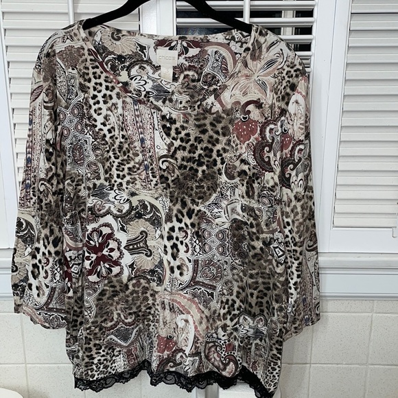 Chico’s leopard cheetah cat print boho top abstract art lace - Picture 1 of 4